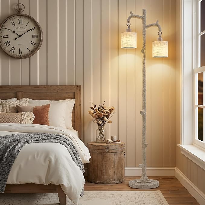 EJIAXIN Floor Lamp for Living Room - 69" Rustic Tree Trunk Standing Lamps - Country Resin Tall Lamp with 2 Reading Light - Farmhouse Floor Lamp for Bedroom Office Home Decor (Grayish White)