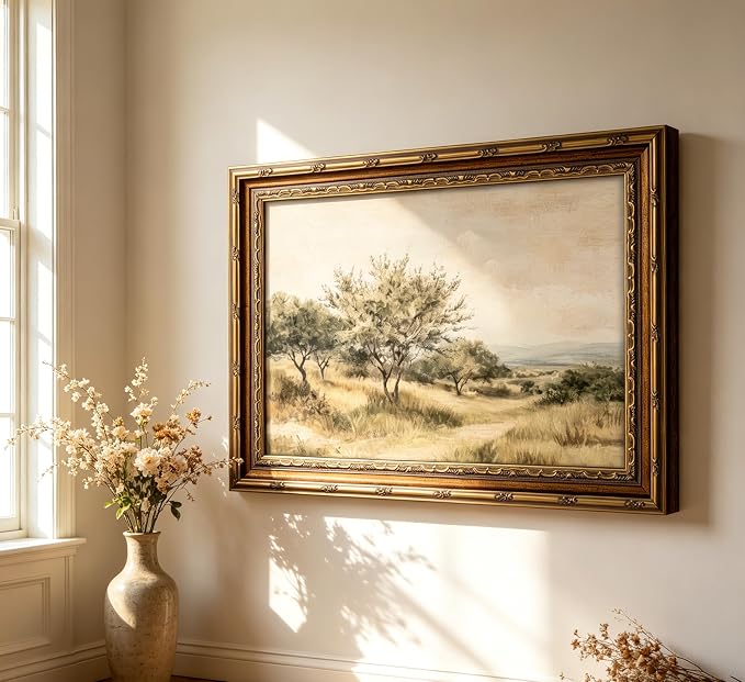 Vintage Gold Framed Olive Tree Landscape Wall Art - Retro Country Farmhouse Canvas Prints, Rustic Nature Scene Painting Prints Artwork for Living Room Bedroom Dining Room Decor，16x24in