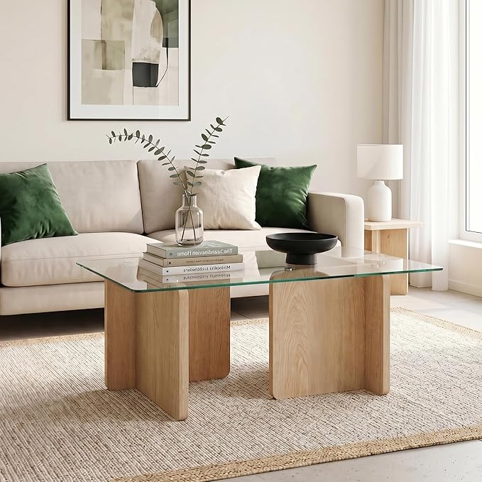 Modern Glass Coffee Table, 39.4 Inches Rectangular Center Tables for Living Room, Coffee Table with Wood Cross Base Easy Assembly Natural