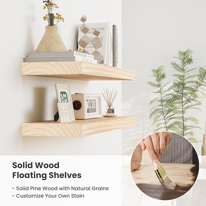 Fun Memories Wood Floating Shelves Set of 2, Rustic Pine Wood Floating Shelves for Wall Mounting, Wide Wall Shelf for Home Decor and Storage, 16" W x 7" D, Natural Unfinished, DIY Stain