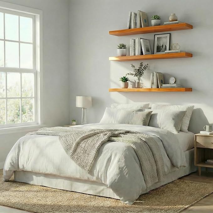 IEO Long Wooden Floating Shelves for Room Wall, Natural Wood Floating Shelves Wall Mounted Kitchen Shelf for Living Room, Bedroom, Kitchen,Bathroom, Storage (Honey Oak, 48in 3tier)