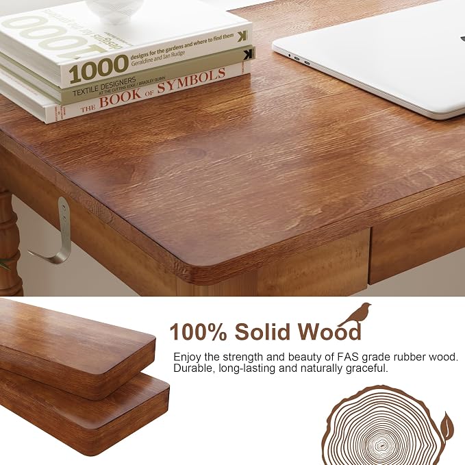 Solid Wood Writing Desk with Drawers - 39.4" Small Wood Vintage Desk, Mid Century Modern Desks, Wooden Computer Desks for Home Office, Traditional Vanity Dressing Table for Bedroom, Walnut
