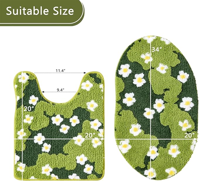 Cute Floral Bathroom Rugs Set 2 Piece, Non Slip Microfiber Green Grass Flowers Bath Mat 20x32 + Contour Toilet Rug 20x24 Machine Washable Great Absorbent, Boho Aesthetic Bath Mat Set for Bathroom