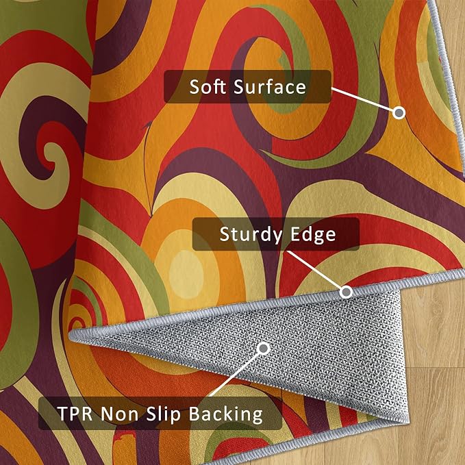 70s Retro Rug Square 8x8 Swirl Psychedelic Groovy Hippie Pop Pattern Area Rugs for Living Room, Bedroom, 70s Retro Home Decor Accessories Indoor Carpet, Non Slip & Machine Washable, GD0322