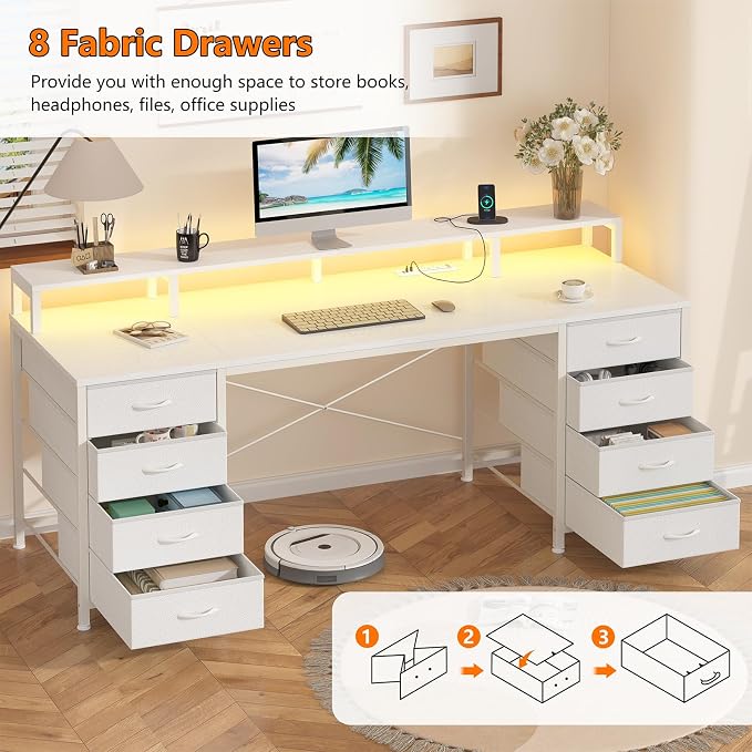 YOMILUVE 60 Inch Computer Desk with 8 Fabric Drawers, Gaming Desk with LED Lights & Power Outlets, Home Office Desk with Monitor Stand, White