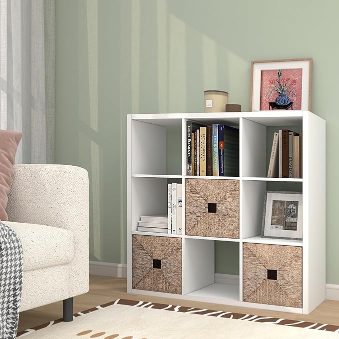 CTESNE【2026 Wooden Thick Frame 9 Cube Storage Organizer Shelf with Anti-Tipping Kits + Reversible Open Back Bookcase, Horizontal and Vertical Dual-use（White,11inch）