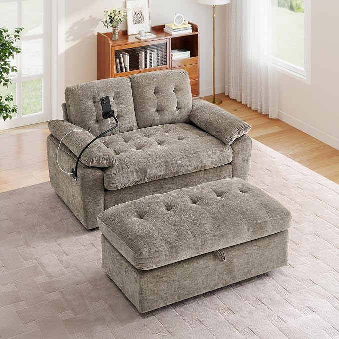 Oversized Chaise Lounge Chair Indoor with Ottoman&Adjustable Backrest,Chenille Tufted Recliner Comfy Loveseat Sofa Chair with USB&Phone Holder,Convertible Sleeper Couch Bed for Living Room(56"W,Brown)