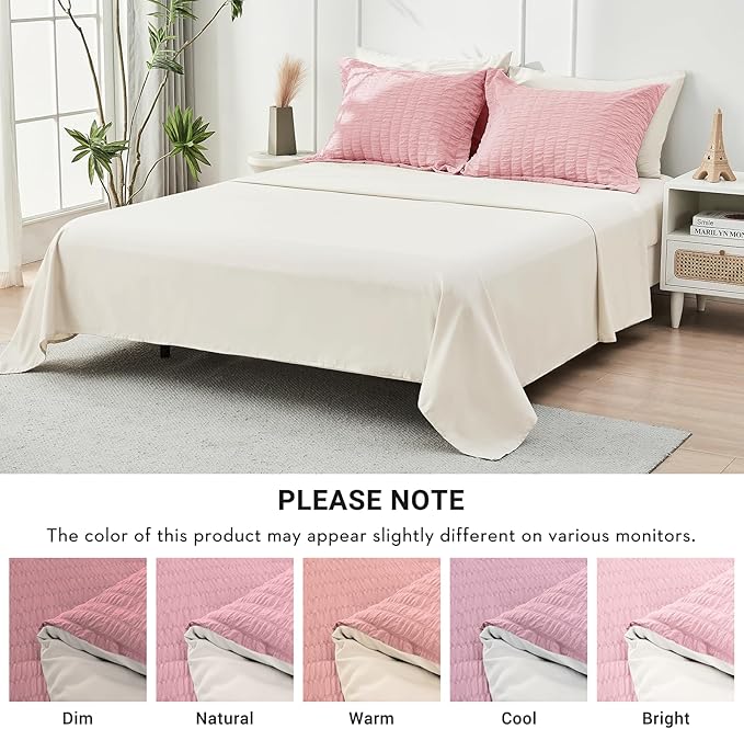 HYMOKEGE Pink/Ivory Full Size Comforter Sets Seersucker 7 Pieces, All Season Luxury Bed in a Bag for Bedroom, Bedding Set with Comforter, Sheets, Pillowcases & Shams