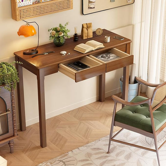 Wood Desk with Drawers - Solid Wood Mid Century Modern Desks for Bedroom, Small Computer Desk for PC, Laptop, Study, Makeup, 39.4 W x 29.5 H x 15.75 D in, Walnut Color