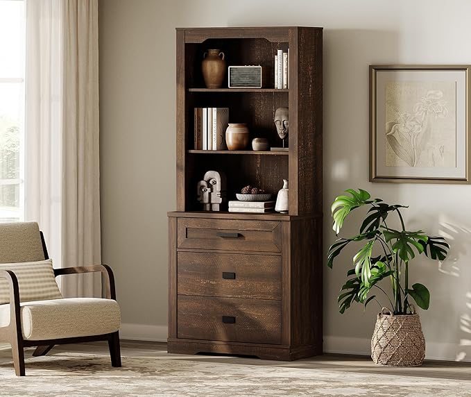 WAMPAT 73.3" Tall Bookcase with Chest of Drawers, 31.5 inch Wide Standing Rustic Bookshelves, Modern Farmhouse Display Storage Cabinet with Adjustable Shelves,Dark Wood Brown