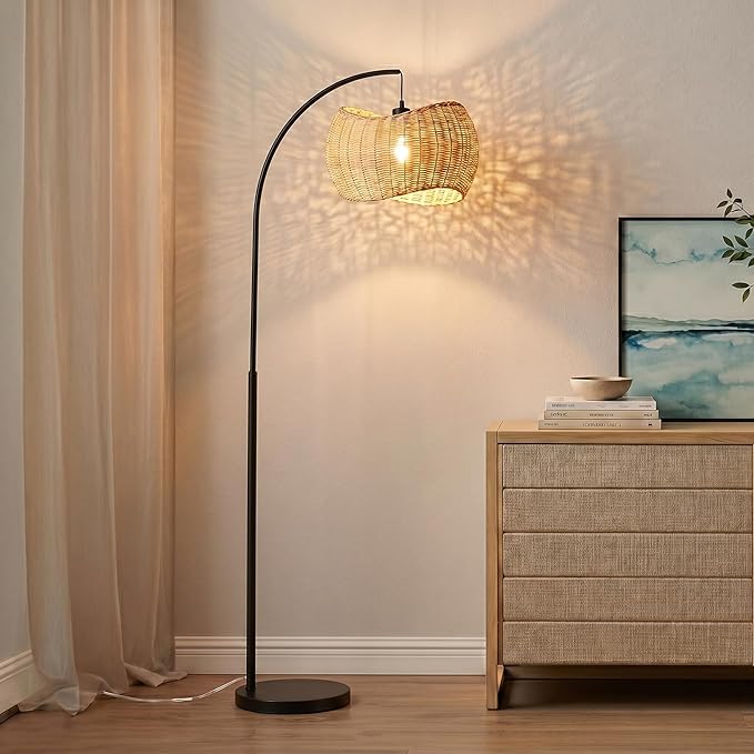 Brightech Wave Arc Floor Lamp - Chic Standing Lamp with Unique Hanging Wicker Pendant Shade for Living Room, Boho Rattan Natural Decor Lamp, Arcs Over Sofa, Bedroom & Office Desk for Reading - Black