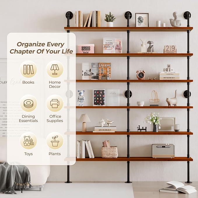 Industrial Ladder Shelf Bookcase, Wall Mounted Rustic Bookshelf, Retro Wood Metal Pipe Industrial Shelves for Living Room(Walnut Brown, 6 Tier - 10" D x 70" W x 82.5" H)