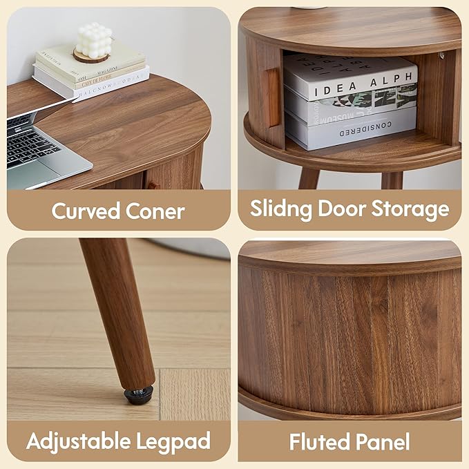 Mid-Century 43" Wood Writing Desk, Home Office Computer Laptop Desk with 2 Sliding Storage Space, Elegant Fluted Vanity Table Multifunctional Study Desk for Office, Bedroom (Wlanut-43)
