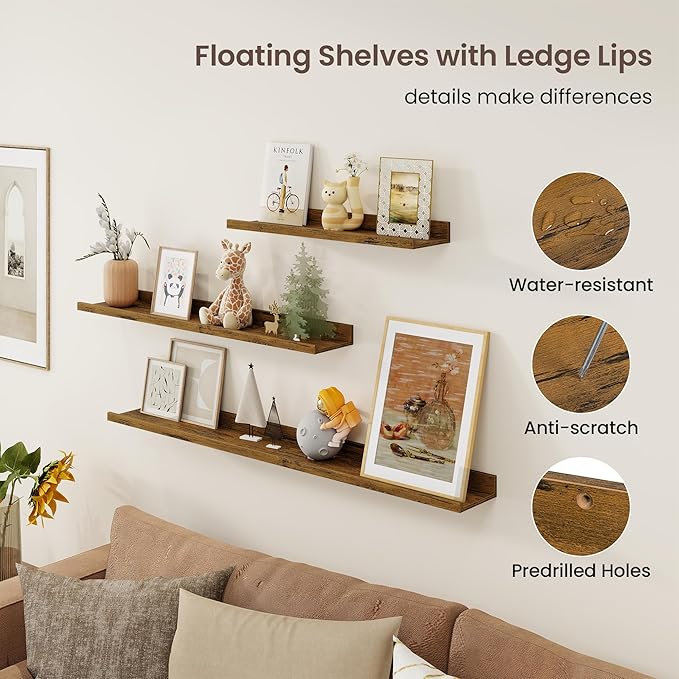 Axeman 40 Inch Floating Shelves | Brown Picture Ledge Shelf Set of 3 | Rustic Brown Wood Wall Shelves with Lip | 40" Picture Shelf for Wall with Ledge | Photo Shelves
