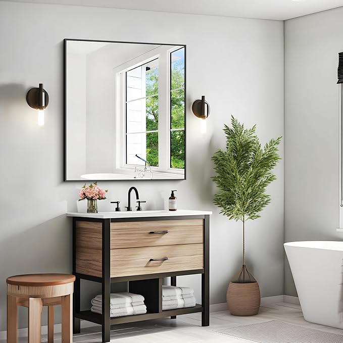 KOCUUY Bathroom Mirror 36"x40", Black Bathroom Mirrors for Over Sink, Shatterpoof Large Vanity Mirror, Metal Framed Black Wall Mirror for Bedroom Living Room and Entryway (Horizontal/Vertical)