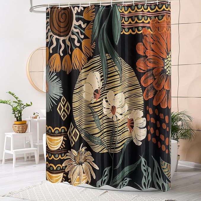 MitoVilla Boho Floral Small Stall Shower Curtain 36 x 72, Abstract Flower Narrow Half Size Chic Shower Curtains for Retro Bathroom Decor, Botanical Bohemian Shower Curtain 36 inch