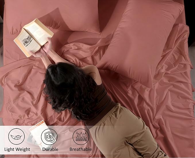 RUVANTI 100% Cotton Percale Sheets Twin Size 4 Piece Set, Cooling Bed Sheets for Hot Sleepers, Deep Pocket 16”, Breathable Lightweight & Durable, Crisp Hotel Style Sheets, Terracotta