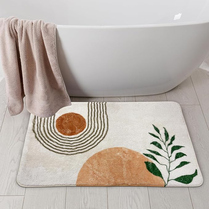 APROPHIC 17''x24 Boho Bath Rugs for Bathroom Decor Non-Slip Bath Mat Absorbent Plush Microfiber Soft Carpet Machine Washable Bath Mat for Bathrooms,Showers,Laundry Rooms,White and Green
