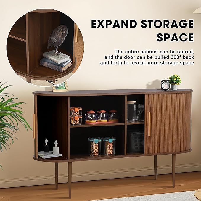 Grepatio Sideboard Buffet Cabinet with Storage, 55" Tambour Credenza Cabinet with Fluted Slide Door and Adjustable Shelves, Wood Console Cabinets for Bedroom Living Room Hallway Entryway (Brown)