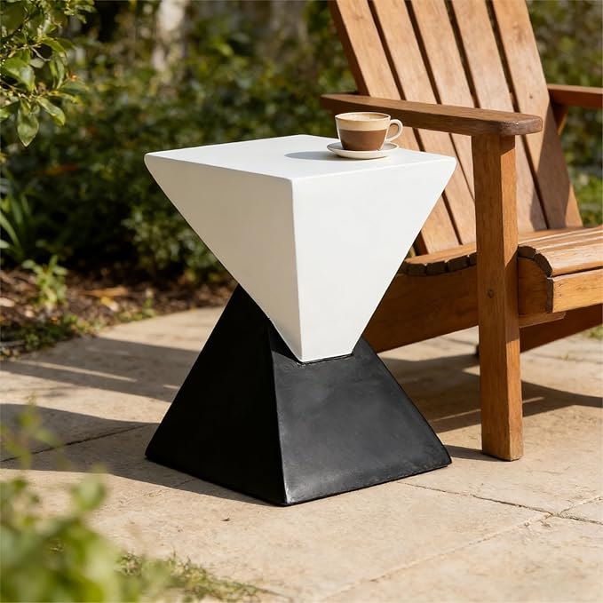 ø12.5'' Square Hourglass Side Table End Table for Living Room, Modern Retro Style, Magnesium Oxide & Light Weight for Indoor & Outdoor, No Assembly, Wood Grain, Black & White