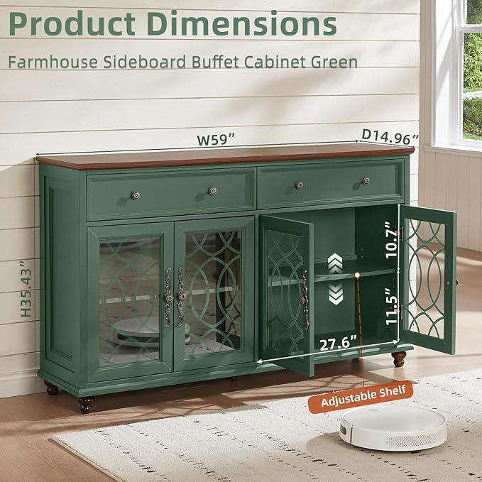 Farmhouse Sideboard Buffet Cabinet Set of 2 with Storage,59" Large Credenza with 4 Glass Door & 2 Drawers,Adjustable Shelves Console Table,Wood Kitchen Coffee Bar for Dining Room,Green