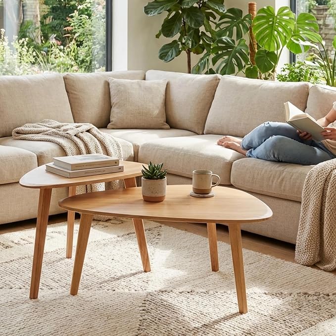 Nesting Coffee Table Set of 2-Mid Century Modern Wooden Coffee Table,Guitar Pick Stacking Tables with Solid Wood Legs,Small Coffee Tables for Small Spaces,Living Room,Balcony (Natural)
