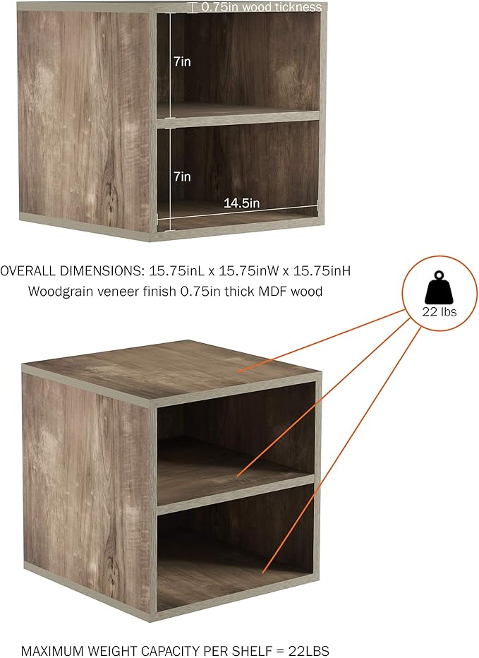 Lavish Home Cube Storage Organizer – 2-Shelf Modular Stackable Bookshelf – Minimalist Modern Nightstand & End Table, Stackable Modular Accent Table for Bedroom, Living Room, or Office (Gray Woodgrain)