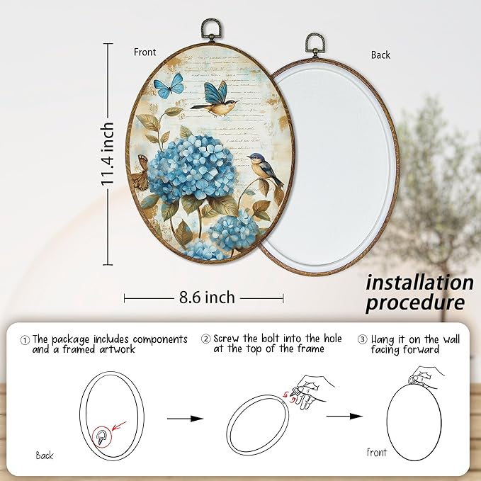 AEHIE Vintage Hydrangea Oval Wall Art Decor, Cottagecore Blue Bird Butterfly Canvas Artwork Framed, Rustic Country Floral Botanical Oval Wall Art for Home Bedroom Living Room Decor, 11x8.5 Inches