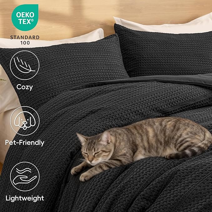 PHF Soft Waffle Comforter Set Twin Size- Comfy Breathable Waffle Weave Comforter with 1 Pillow Shams, 2 Pieces Less Snagging Lightweight Textured Bedding Set for All Season, Black