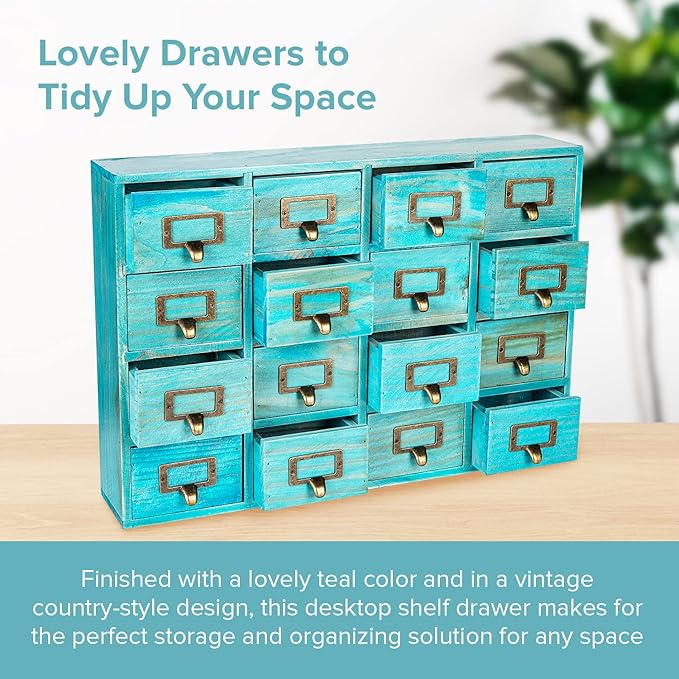 Teal 16-Slot Wooden Drawer Unit - Country Style Desk Organizer Box - 20"x3.6”x14” Wooden Storage Box w/ 16 Drawers - Countertop Drawers w/Label Holder & Handle - Slim 4-Level Desk Organizer