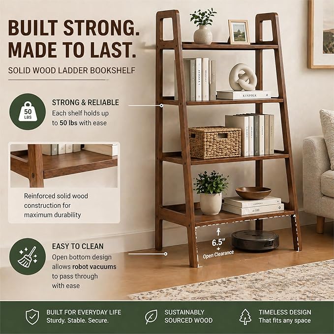 100% Solid Oak 4 Tier Ladder Shelf, Small Bookshelf, Ladder Bookshelf, Bookcase with Stable Frame, Small Table for Living Room Bedroom (Walnut, 35.04" D x 16.53" W x 53.54" H)