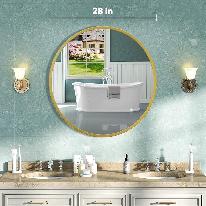 NEWBULIG Round Bathroom Mirror for Over Sink, 28 Inch Wall Mount Vanity Circle Mirror with Matte Metal Framed, Decor for Bathroom, Entryway, Bedroom, Gold