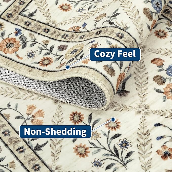 GarveeHome Floral Washable Entryway Rug Non-Slip 2x3 Front Door Mat Vintage Low-Pile Small Area Rugs Soft Non-Slip Indoor Stain Resistant Entry Mat for Entrance Bedroom Bathroom Beige