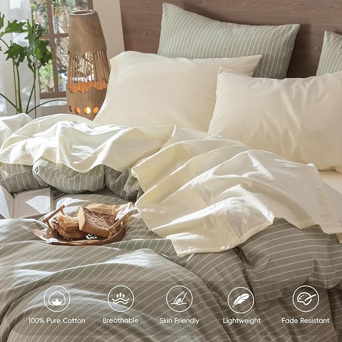 MooMee Bedding Sheet Set 100% Washed Cotton Linen Like Textured Breathable Durable Soft Comfy (Solid Cream White, Full)