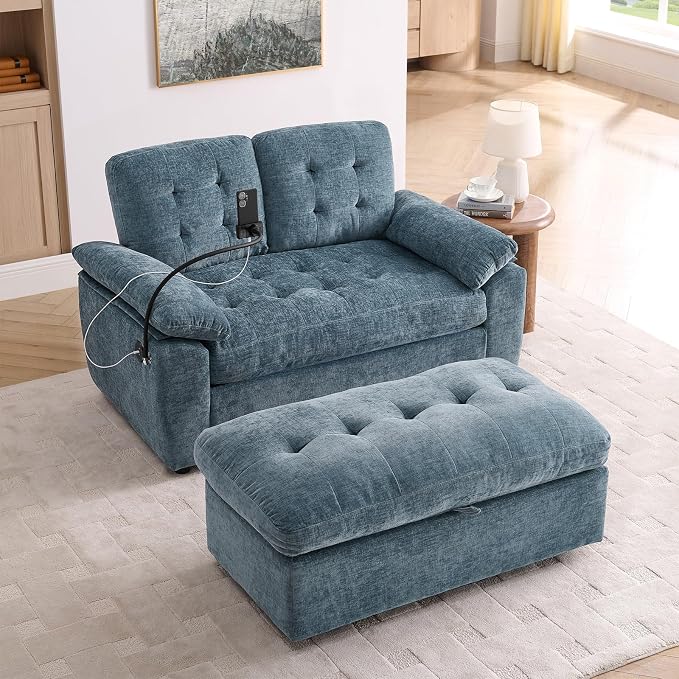 Oversized Chaise Lounge Chair Indoor, Double Convertible Recliner Reading Arm Sofa Chair W/Adjustable Backrest & Charging Port Couch Bed for Living Room, Home Theater & Bedroom, Blue
