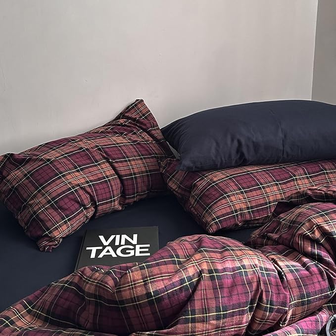mixinni Vintage Burgundy Buffalo Plaid Comforter Cover Set Twin Size - 3 Piece Mid-Century Modern Washed Cotton Bedding, Soft Breathable Grid Duvet Cover with Matching Pillowcases for All-Season