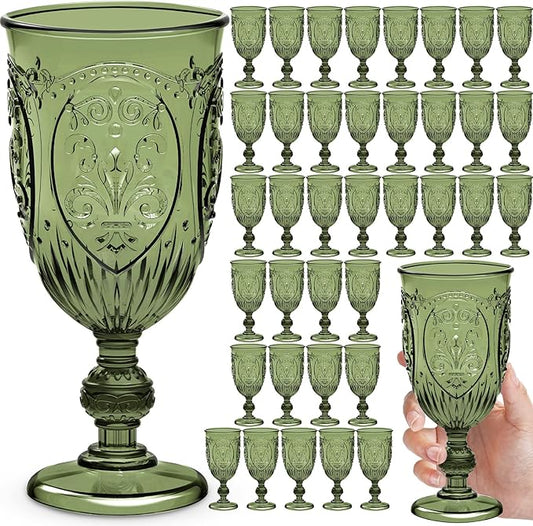 36 Pack Plastic Goblets 10oz Upgrade Vintage Water Goblet Plastic Wine Glasses Colored Retro Embossed Glassware for Party Wine Bar Juice Baby Shower Wedding Reception Grand (Olive Green)