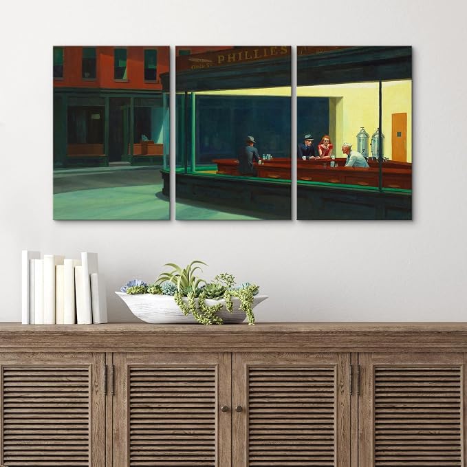 wall26 Canvas Print Wall Art Set Nighthawks by Edward Hopper Cultural Historic Oil Painting Fine Art Reproduction Scenic Colorful for Living Room, Bedroom, Office - 24"x36" x 3 Panels