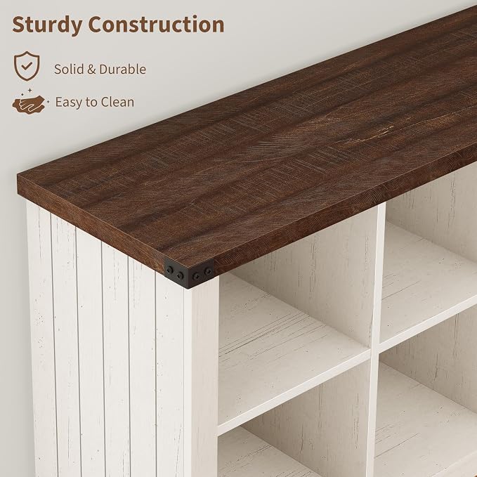 GarveeHome 8 Cube Storage Organizer Bookshelf, Farmhouse Horizontal Bookcase, 62 in Wood Storage Bookcase for Entryway, Long Low Bookshelves for Living Room (Brown and White Contrast, 8 Cube)