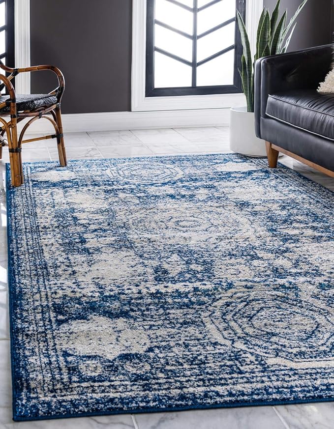 Unique Loom Bromley Collection Area Rug - Wells (10' x 14' 1" Rectangle, Ivory and Blue/ Ivory)