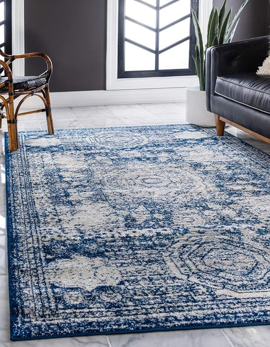 Unique Loom Bromley Collection Area Rug - Wells (2' x 3' 1" Rectangle, Ivory and Blue/ Ivory)