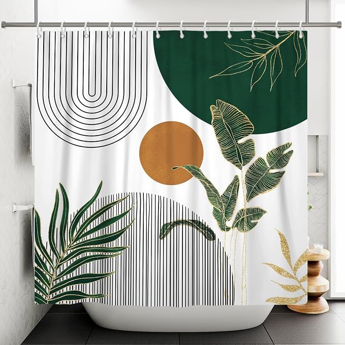 Mid Century Boho Modern Shower Curtain for Bathroom Abstract Sun Arch Geometric Leaves Minimalist Shower Curtain Set Waterproof Polyester Fabric 60x72 Inches