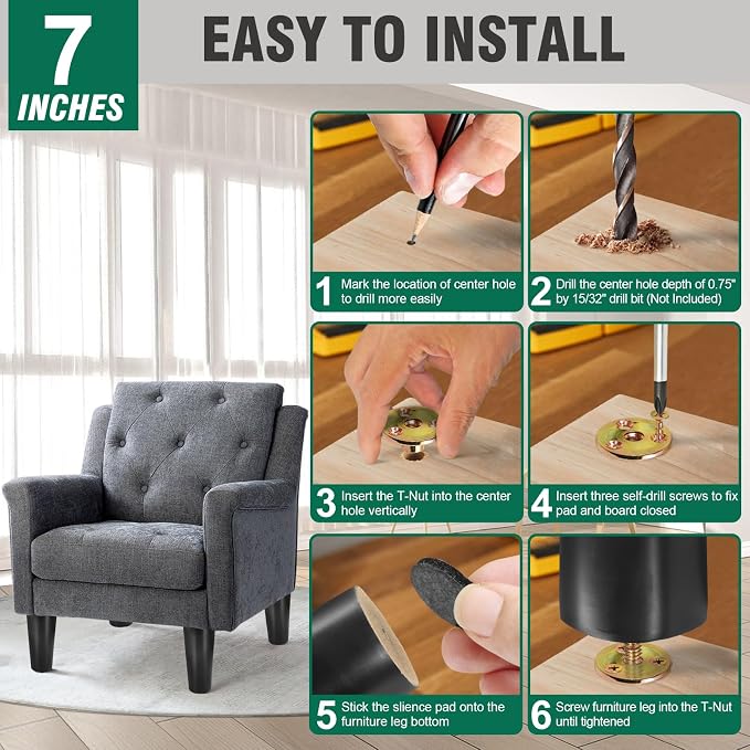 FoDau770 Black Rubber Wood Furniture Legs 7 Inches, 5/16" UNC Straight Tapered Wood Feet Mid Century Sofa Legs, Wooden Furniture Feet Replacement Parts for Cabinet Couch Dresser Chair Ottoman Table