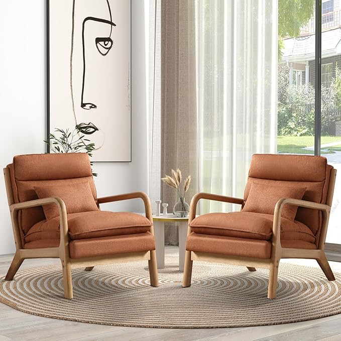 Mid Century Modern Accent Chair Set of 2, Upholstered Lounge Armchair with Plump Back Pillow, Comfy Reading Chair with Solid Wood Frame for Bedroom Living Room, Brown