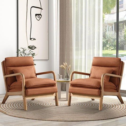 Mid Century Modern Accent Chair Set of 2, Upholstered Lounge Armchair with Plump Back Pillow, Comfy Reading Chair with Solid Wood Frame for Bedroom Living Room, Brown
