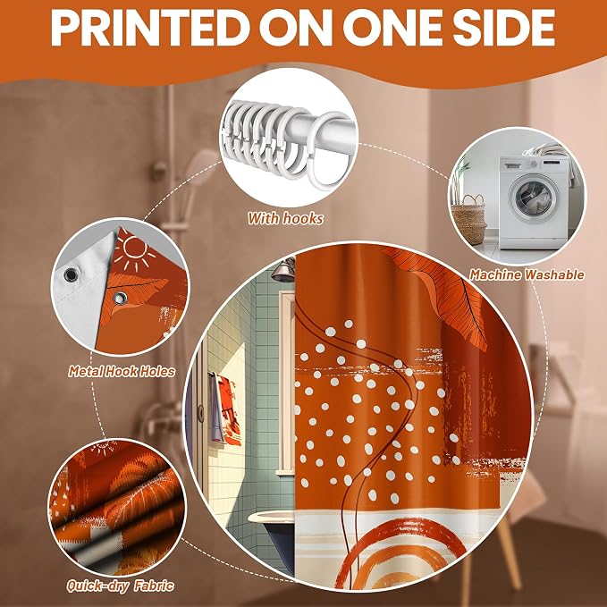 Burnt Orange Mid Century Modern Shower Curtain Bohemian Abstract Leaf Shower Curtains for Bathroom Decor Sets, Waterproof Cloth Fabric with Hooks, 72x84 Inch