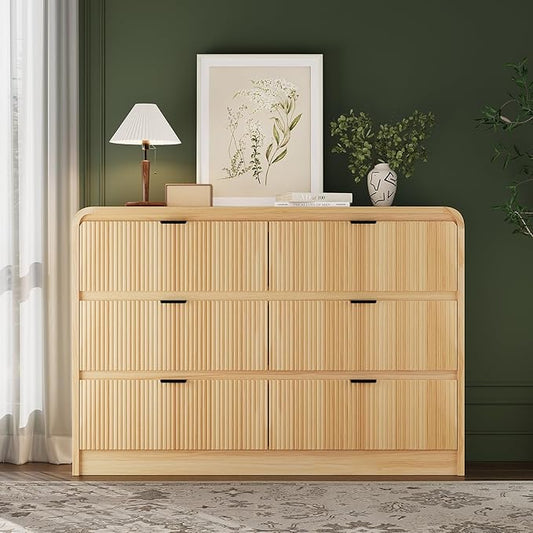 FURSUN 54" Wide Fluted 6 Drawer Dresser, Large Storage Wooden Dresser with Curved Profile & Metal Handles, Modern Chest of Drawers for Bedroom, Living Room, Natural Oak