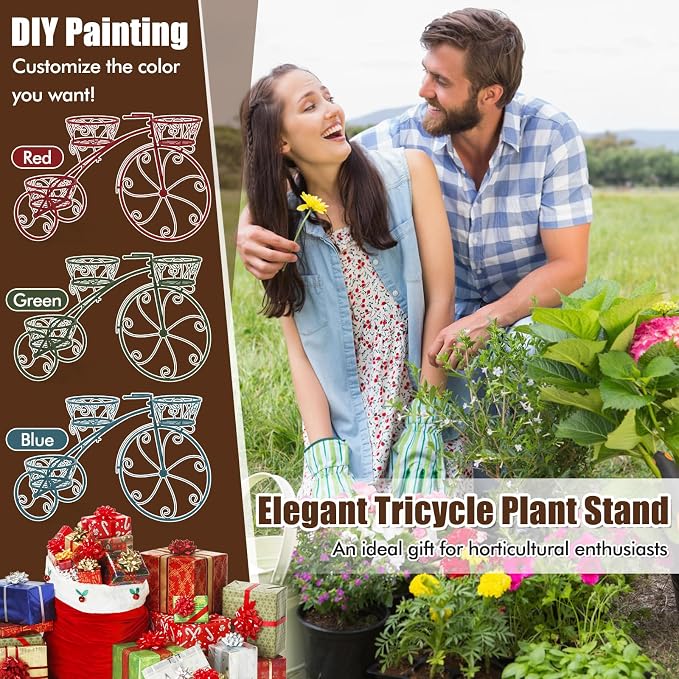 Giantex Metal Bicycle Planter, 3 Tier Tricycle Flower Plant Stand w/ 3 Decorative Wheels, Parisian Style Flower Display Stand Cart for Home Decor Patio Garden Flower Shop Indoor Outdoor (Bronze)