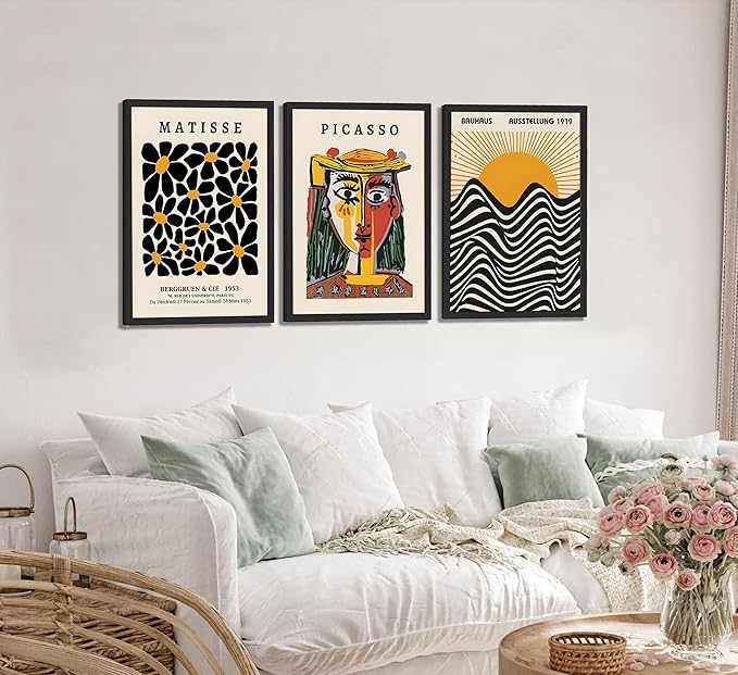 3 Pcs Picasso Matisse Bauhaus Wall Art Set Minimalist Geometric Canvas Paintings Orange Black Modern Minimalist Wall Decor Prints Posters Pictures Living Room Gallery Bedroom Decoration (Unframed,