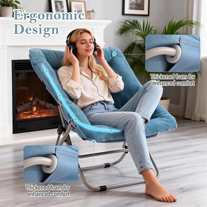 Furlide Saucer Chair, Comfy Bedroom Chairs, Oversized Folding Faux Fur Chair, Foldable Metal Frame Chair for Bedroom, Living Room, Balcony, Patio (Blue)